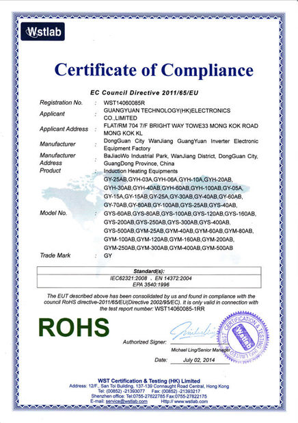 China Guangyuan Technology (HK) Electronics Co., Ltd. certificaten