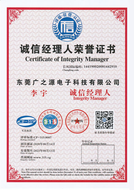 China Guangyuan Technology (HK) Electronics Co., Ltd. certificaten
