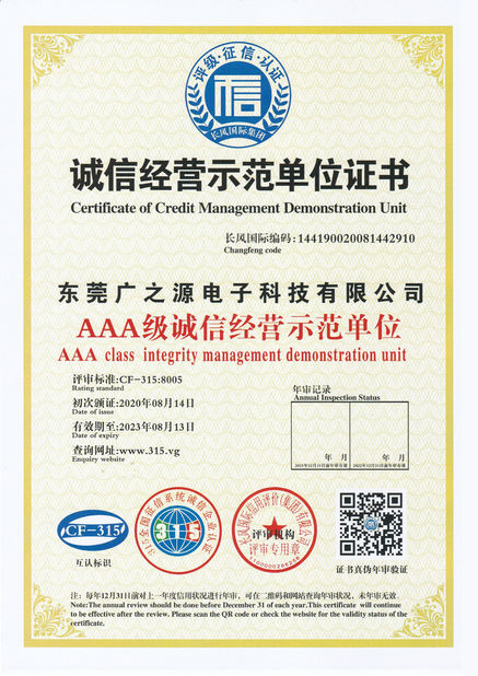 China Guangyuan Technology (HK) Electronics Co., Ltd. certificaten